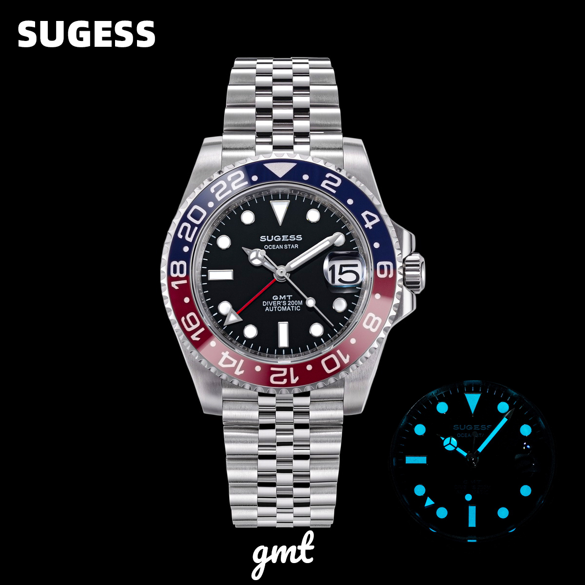 Cartier Watch Santos - นาฬิกาดำน้ำ Sugess GMT สำหรับผู้ชาย ระบบอัตโนมัติ กันน้ำ